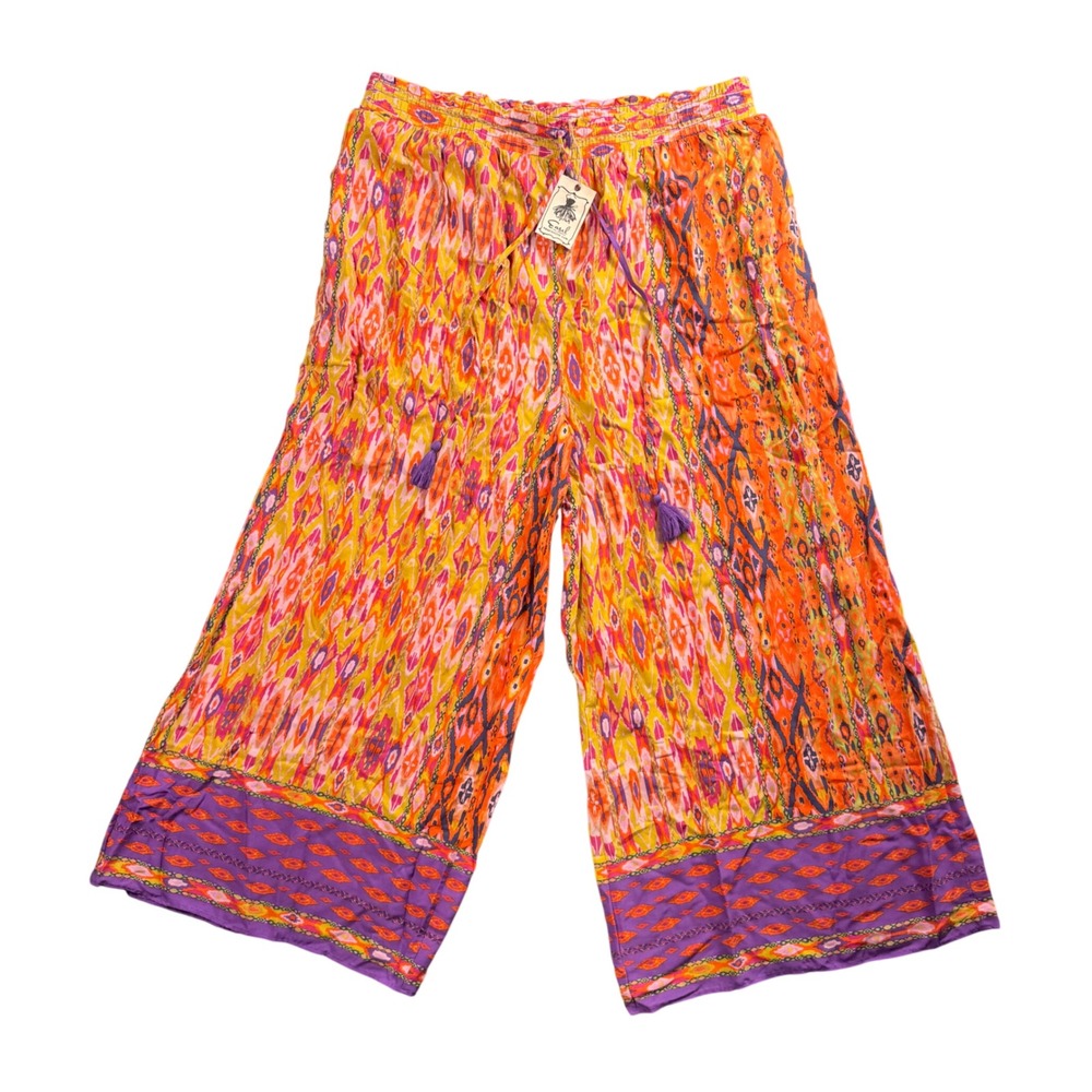 NWT Easel Wide Leg Pants Women 3X Multicolor Ikat Boho Festival Drawstring